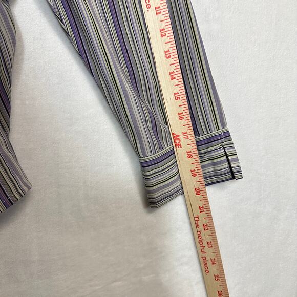 Y2K Notations XL Purple Striped Top Buttoned Asymmetrical Stretch Work‎ 3/4 90s - Picture 9 of 10